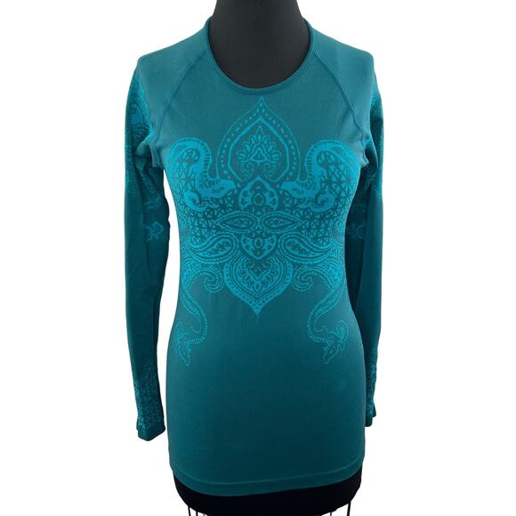 ATHLETA Tattoo Twist Teal Blue Printed Long Sleeve Slim Base Layer Active Top S - Picture 1 of 7